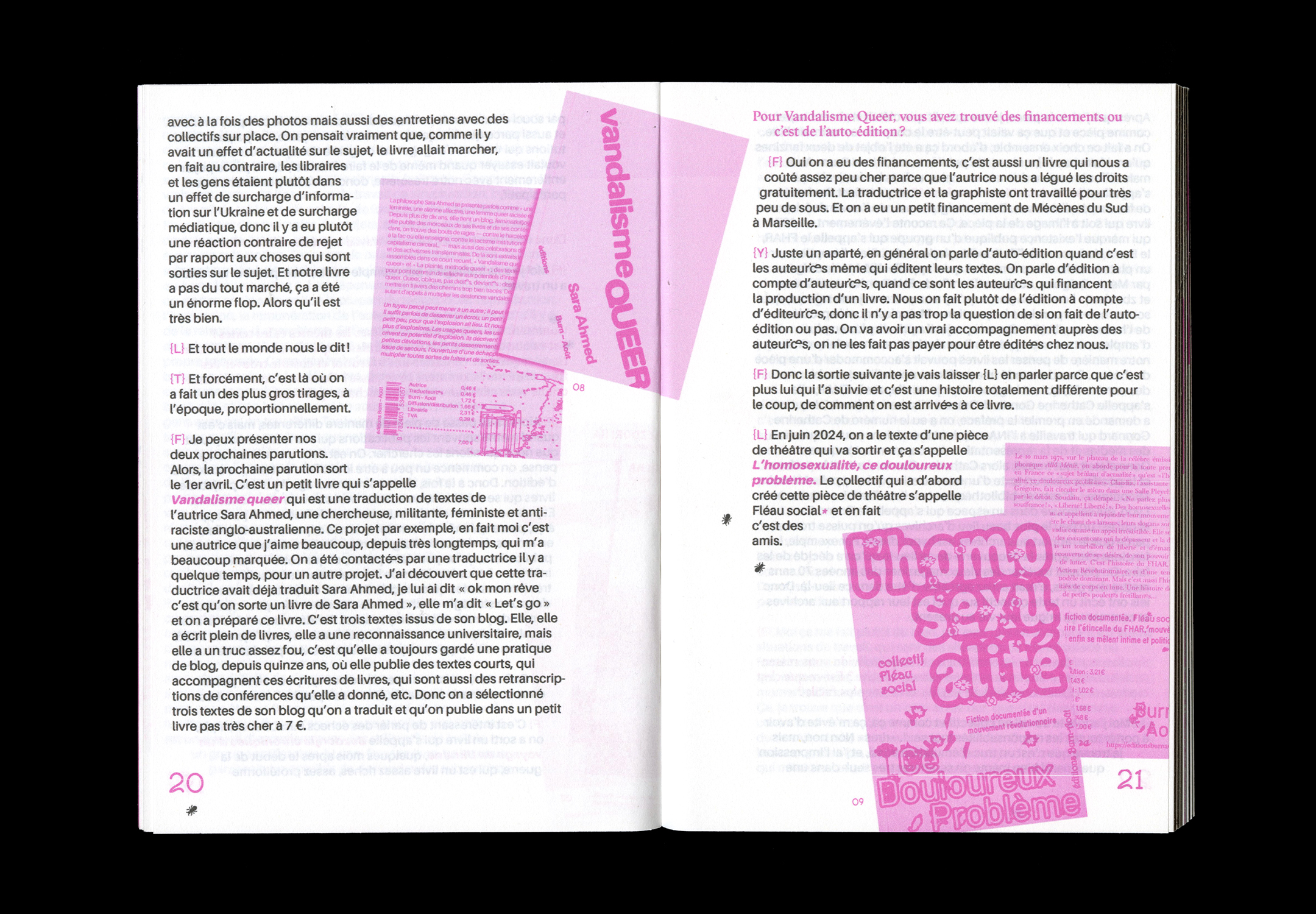 Double page intérieure du livre, texte noir et photos roses.