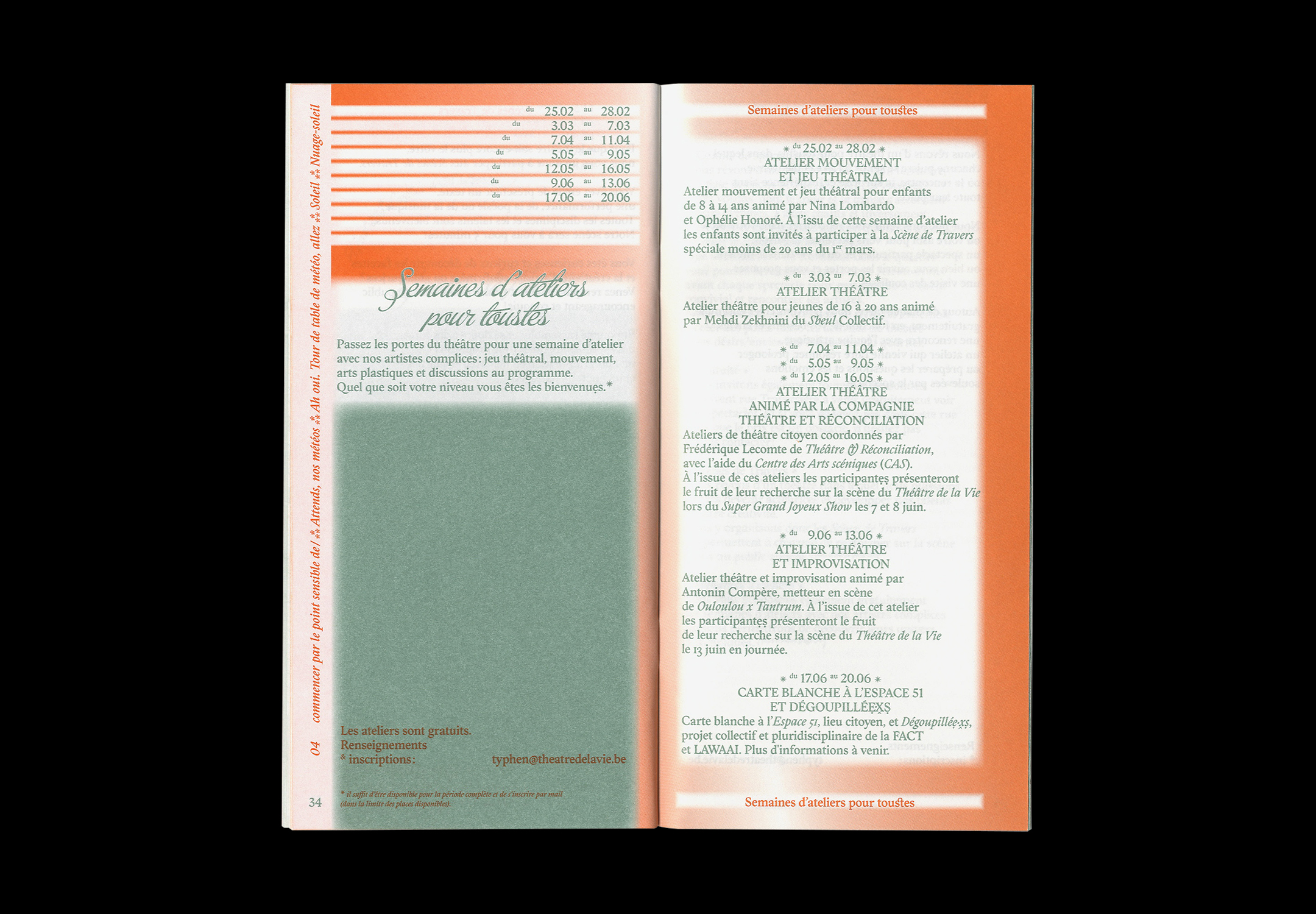Double page intérieure, texte orange et textures vertes.