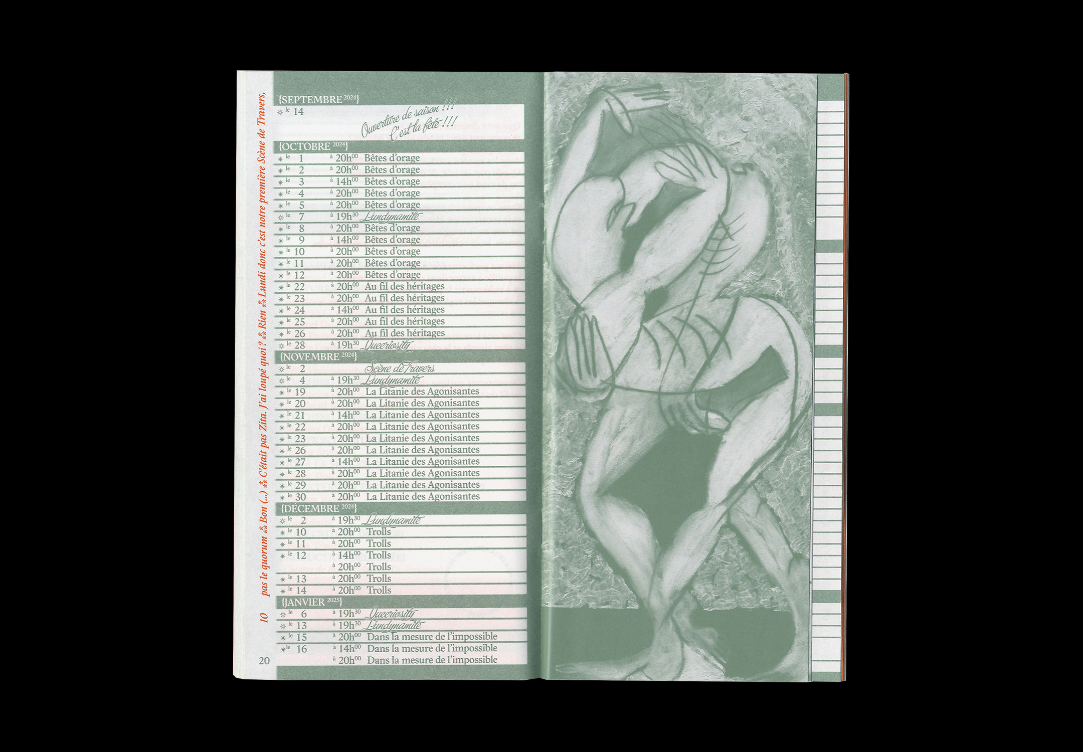 Double page intérieure, texte à gauche et illustration à droite, monochrome vert.