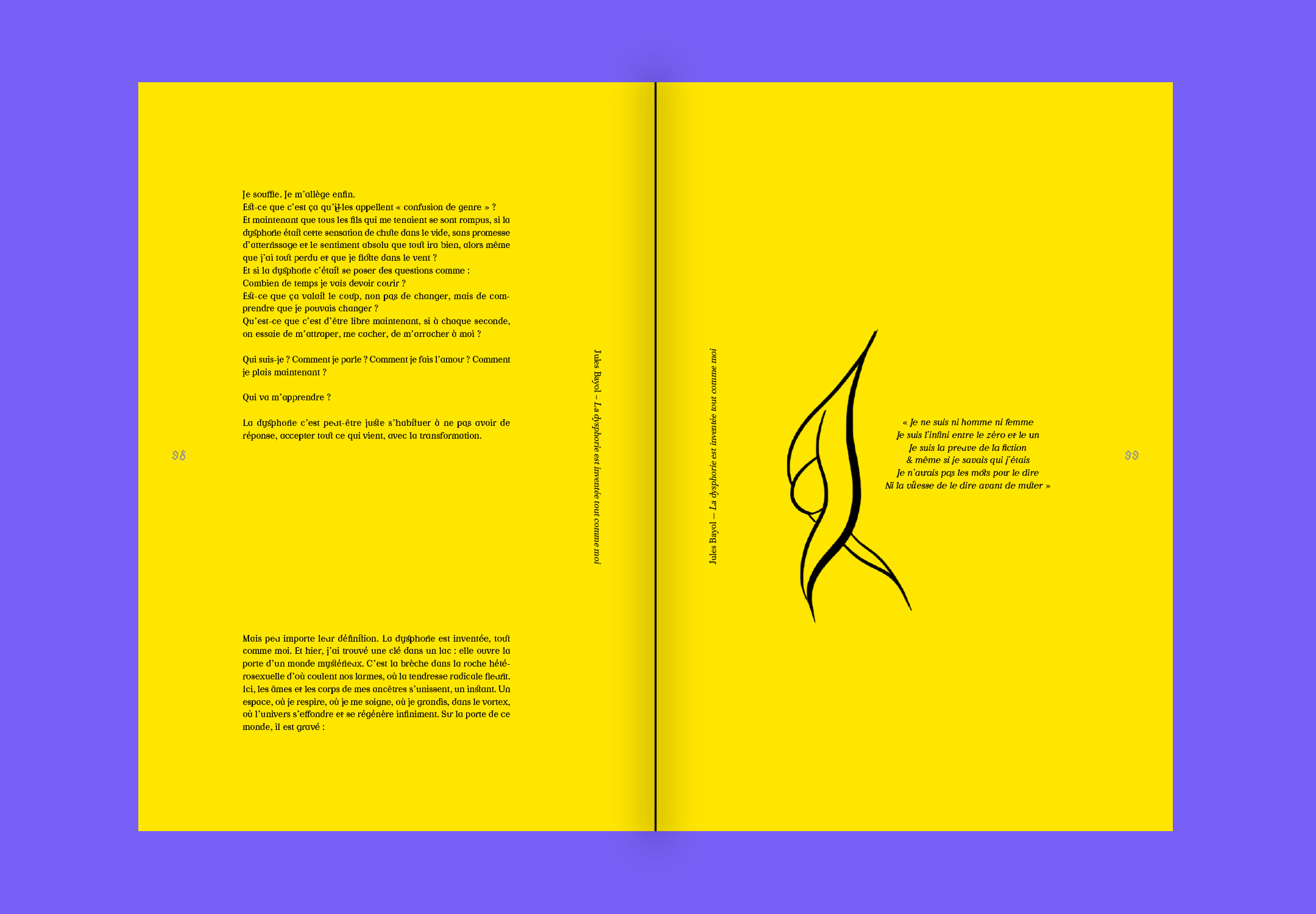 Double page intérieure, texte et illustration sur papier jaune.
