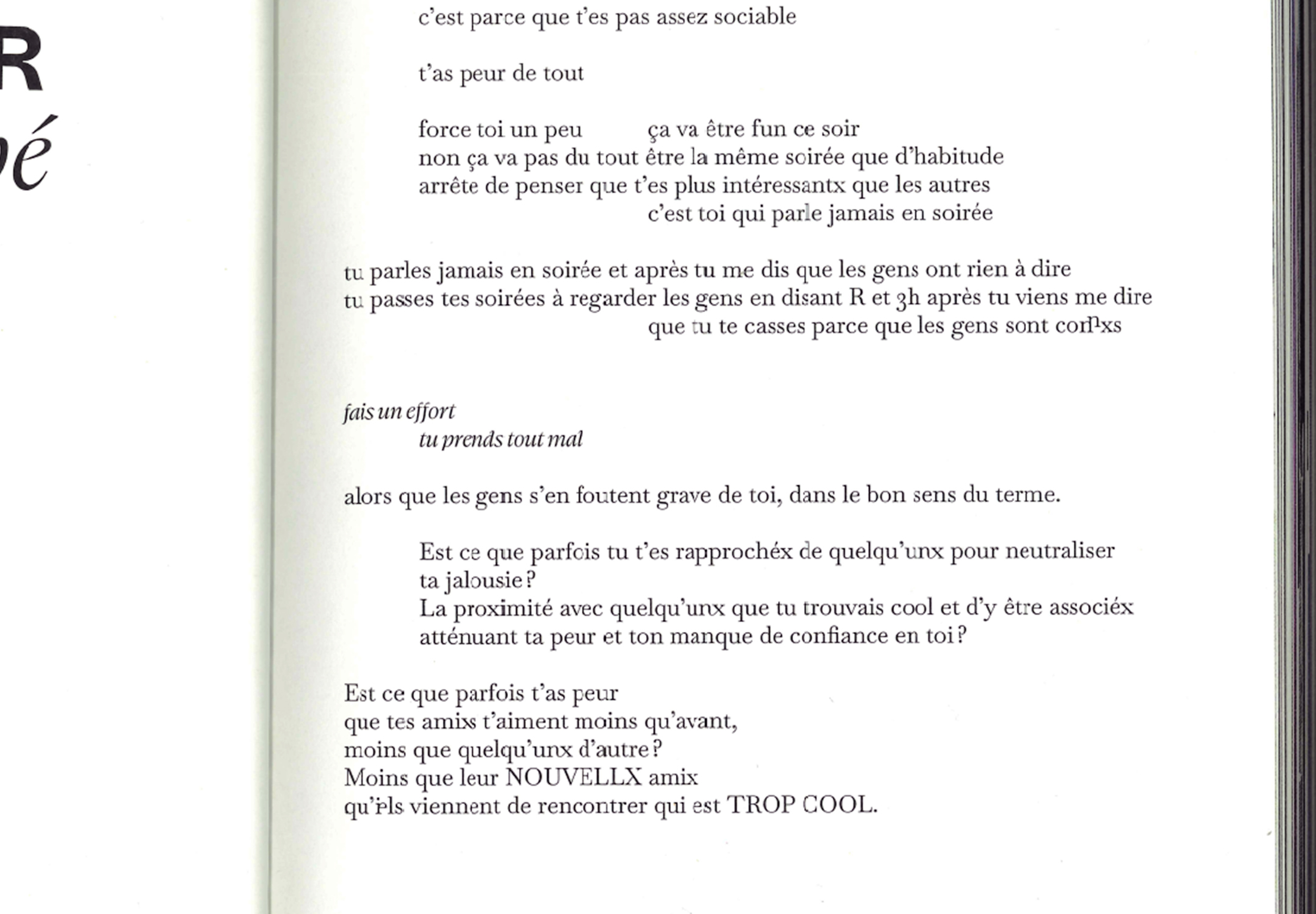 Détail du texte de Sarah Netter dans la publication Dragonnes 2 : The fiasco show, avec la présence de ligatures post-binaires